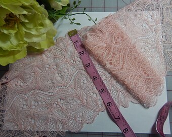 Peach Pink Wide 6"  TEXTURED Elastic Lace Soft Stretch SHEER Lace Trim - Scallop Edge Lingerie Lace Galloon Lace - Sexy Panty DIY