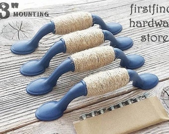 Sets of White or Blue Beach House Rope Handle Nautical Drawer Pull Painted Metal Coastal Cabinet Hardware - Screws Included - 3inch Mount