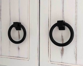 X-Large 3.5" Wide Black Painted Ring Pulls Stable Door Handle Farmhouse Kitchen Cabinet Hardware Metal Cupboard Furniture Screws Included