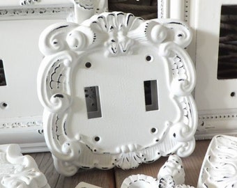 Painted Seaside White Shabby Chic Electrical Cover Double Light Switch Plate Ornate Cottage Heavy Metal Hardware Toggle Screws Included