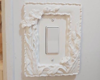 White Lily Flowers ONE of a KIND GFI Single Light Switch Plate Shabby Chic Over-Sized Electrical Cover Framed Painted Rocker Screw Included