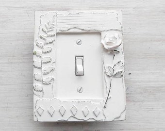 ONE of a KIND Custom Distressed White Rose Single Light Switch Plate Shabby Chic Electrical Cover Framed Fern Painted Toggle Screws Included