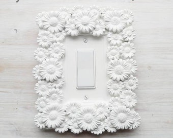 White Daisies ONE of a KIND GFI Single Light Switch Plate Large Over-Sized Electrical Cover Framed Painted Heavy Resin Rocker Screw Included