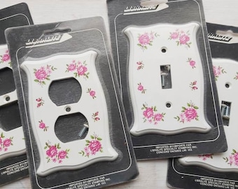 Pink Roses NOS 1980s Light Switch Outlet Plate Cover Electrical Vintage White Plastic Toggle Bedroom Decor Memorabilia Screws Included