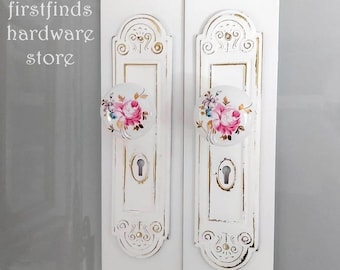 Decorative Cabinet Door Pulls Large Ceramic Knob with Metal Plate Pantry Handle Pink White Gold Shabby Chic Hardware Cottage Unique Kitchen