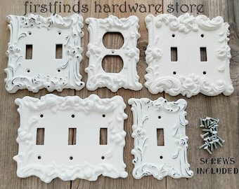 Light Switch Shabby Chic White French Farmhouse Vintage Rose Electrical Plates Plug Outlet Cover Metal Painted Toggle Triple Screws Included