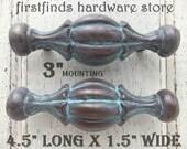 SET of 2 Rustic Door Pulls Turquoise Patina Brass Handle Metal Kitchen Farmhouse Hardware Cabinet Painted Country Chic Screws Included 3inch