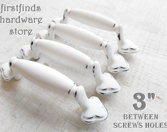 30 AVAIL> Shabby Chic White Painted Drawer Pulls Kitchen Cabinet Handles Dresser Hardware Cupboard Door Screws Included 3inch Mounting