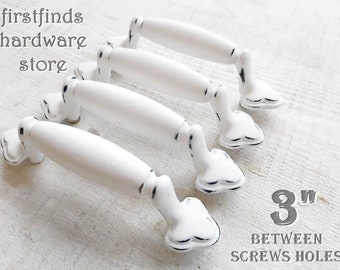 SETS OF Shabby Chic White Drawer Pulls Kitchen Cabinet Handles Cupboard Hardware Door Painted Screws Included 3inch Mounting