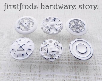 SETS OF 6 & 12 Distressed White Black Misfit Knobs Shabby Chic Drawer Pulls Painted Farmhouse Kitchen Hardware - 1" Screws Included