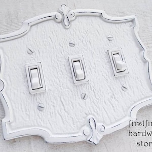 Genuine Vintage Metal Light Switch Plate Shabby Chic White Electrical Cover Painted Cottage Outlet Triple Fleur De Lis Ornate Screw Included