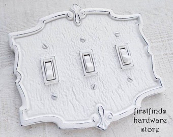 Genuine Vintage Metal Light Switch Plate Shabby Chic White Electrical Cover Painted Cottage Outlet Triple Fleur De Lis Ornate Screw Included