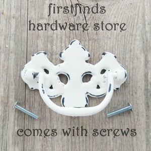Distressed Painted Metal Farmhouse Hardware Shabby Chic White Chippendale Drawer Pulls Furniture Swing Handle Screws Included 3inch Mounting