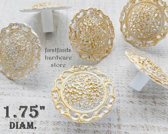 Gold Filigree Knobs with White Unique Genuine Vintage Painted Antique Handles Metal Drawer Pulls Ornate French Hardware Screws Included