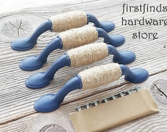 Nautical Rope Handles Wrapped Coastal Drawer Pull Cabinet Hardware Painted in White or Blue for  Seaside Beach Lake House Decor 50 AVAIL