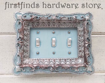 ONE of a KIND French Cottage Triple Light Switch Plate Blue Grey Silver Electrical Cover Unique Painted Toggle Handmade Resin Screw Included