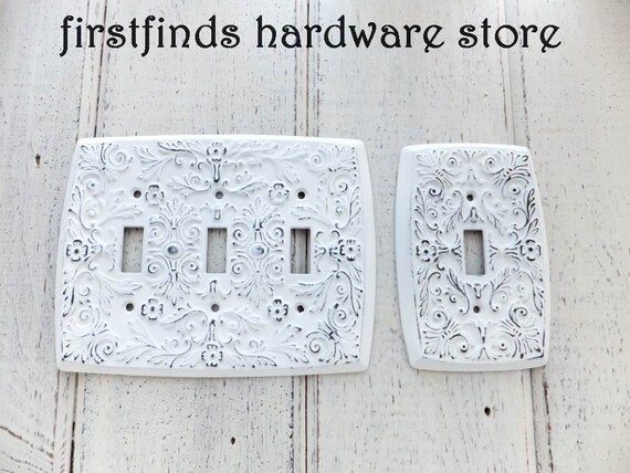 Shabby Chic Light Switch Plate Metal Decorative Electrical Cover White Toggle Vintage Hardware Farmhouse Single Triple Outlet Screw Included
