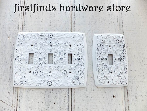 Shabby Chic Light Switch Plate Metal Decorative Electrical Cover White Toggle Vintage Hardware Farmhouse Single Triple Outlet Screw Included