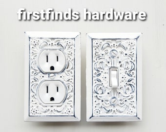 Filigree Light Switch Plate Shabby Chic Sets Distressed White Electrical Cover Metal Vintage Painted Farmhouse Toggle Screws Included
