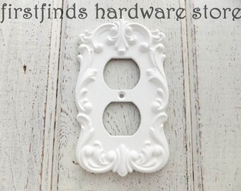 Rare Vintage Outlet Plug Plate Cover Electrical Shabby Chic White Fancy Farmhouse Painted Heavy Metal Light Ornate Duplex Screw Included