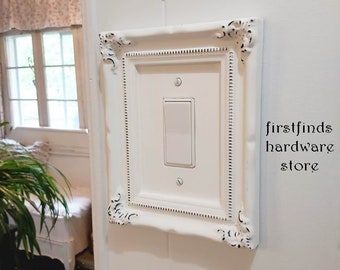 Distressed Ornate Single GFI Light Switch Plate Shabby Chic Over-Sized Electrical Cover White Black Framed Painted Rocker Screws Included