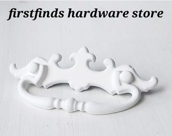 Fleur De Lis White Shabby Chic Handle Drawer Pull Hardware Cottage Painted Metal Kitchen Furniture Cabinet Screws Inc. 3inch Mount -10 AVAIL