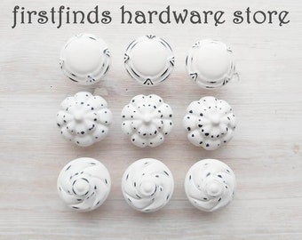 READY TO SHIP 9 Distressed White Misfit Knobs Shabby Chic Drawer Pulls Painted Farmhouse Kitchen Cabinet Hardware - Screws Included