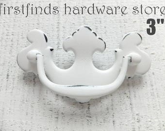 Farmhouse Drawer Pulls Shabby Chic White Distressed Handle Hardware Chippendale Swing Cabinet Kitchen Distressed Quail Screws included 3inch