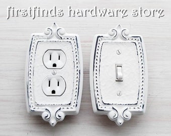 Genuine Vintage Metal Electrical Plates Light Switch Combination Outlet Plug Cover Shabby Chic White Painted Fleur De Lis Screws Included