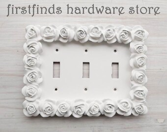 READY to Ship Shabby Chic Roses ONE of a KIND Light Switch Plate Solid White Electrical Cover Triple Painted Toggle Framed Screw Included