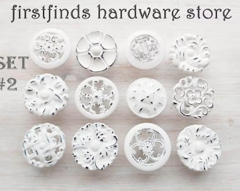 SETS OF 6 & 12 Distressed White Black Misfit Knobs Shabby Chic Drawer Pulls Painted Farmhouse Kitchen Hardware - Screws Included