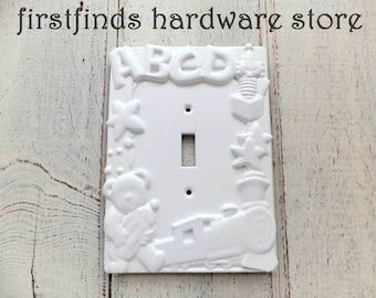 One of a KIND Nursery Single Light Switch Plate Glossy White Over-Sized Electrical Cover Teddy Bear Framed Painted Toggle Screws Included