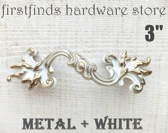 French Provincial Drawer Handles Distressed Shabby Chic Pull Hardware Original White+Metal Painted White+Black Screw Included 3inch Mounting