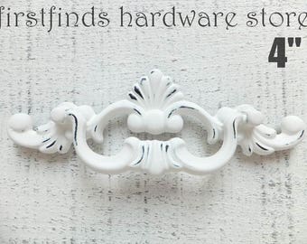 Unique Shabby Chic Drawer Pull White Swing Handle Painted Kitchen Cabinet Hardware Ornate Distressed Screws Included 4inch Mounting