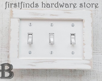 Distressed Wood Shiplap Triple White Light Switch Plate Farmhouse Cottage Shabby Chic Electrical Cover Painted Toggle Framed Screws Include