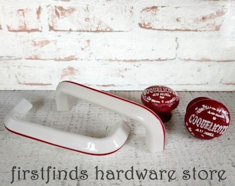 1950's Ceramic Red and White Kitchen Pull - Mid-Century Modern Handle 3.75 inch + Retro Painted Wood Knob Screw Incl - Vintage Hardware