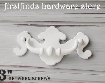 SETS of Chippendale Swing Handles Solid White Drawer Pull Classic Furniture Hardware Original Brass Metal Distressed Screws included 3inch