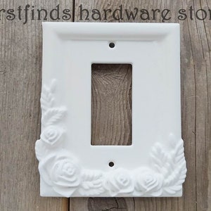 UNIQUE Rose GFI Light Switch Plate Electrical Outlet Cover Shabby Chic White Black Framed Rocker Painted Handmade Single Screws Included Solid White