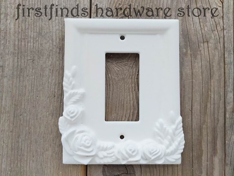 UNIQUE Rose GFI Light Switch Plate Electrical Outlet Cover Shabby Chic White Black Framed Rocker Painted Handmade Single Screws Included Solid White