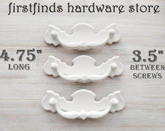 SET OF 3 Farmhouse White Drawer Pulls Furniture Chippendale Swing Handles Original Brass Finish Painted White Metal Screws included 3.5inch