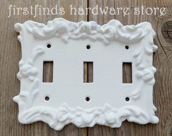 Shabby Chic White Light Switch French Farmhouse Vintage Rose Electrical Plates Plug Outlet Cover Metal Painted Toggle Triple Screws Included