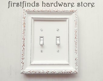 Double Gold Distressed Light Switch Plate Shabby Chic French White Electrical Cover Pair Painted Framed Toggle Unique Screw Included