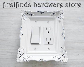 Fancy White Framed Double Rocker GFI Light Switch Plate Electrical Plug Outlet Cover Painted French Cottage Vintage Plastic Screws Included