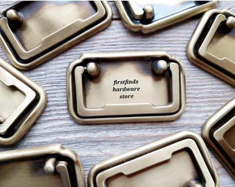 Campaign Dresser Drawer Swing Handles Metal Cupboard Furniture Pulls Antique Brass Cabinet Hardware Original Gold NOS 2" mounting Screws Inc