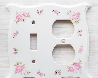 Shabby Chic Rose Cottage Light Switch Combo Plate Rose Flower Pink White Plastic Electrical Cover Plug Outlet Rocker Toggle Screw Included