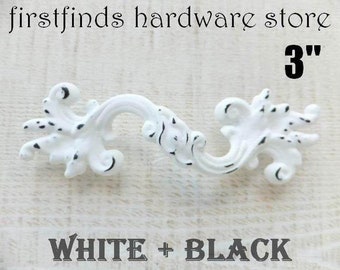 French Provincial Drawer Handles Distressed Shabby Chic Pull Hardware Original White+Metal Painted White+Black Screw Included 3inch Mounting