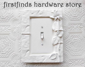 White Rose ONE of a KIND Single Light Switch Plate Flower Over-Sized Electrical Cover Framed Painted Flower Toggle Screws Included