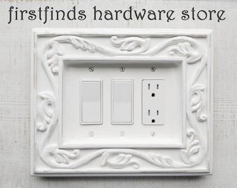 Farmhouse Distressed Wood Electrical Cover Plate White Light Switch Outlet Plug Shabby Chic Framed Painted Triple Rocker GFI Screw Included