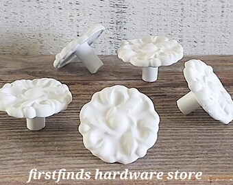 White Shabby Chic Knobs Farmhouse Kitchen Drawer Pull Hardware Cabinet Painted Cottage Flower Cupboard Chateau - Screw Included