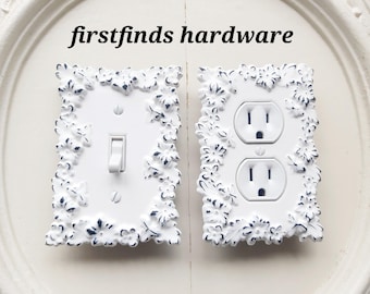 Shabby Chic White Light Switch Plate Electrical Cover Ornate Outlet Plug Triple Flower Painted Metal Cottage Farmhouse Toggle Screw Included